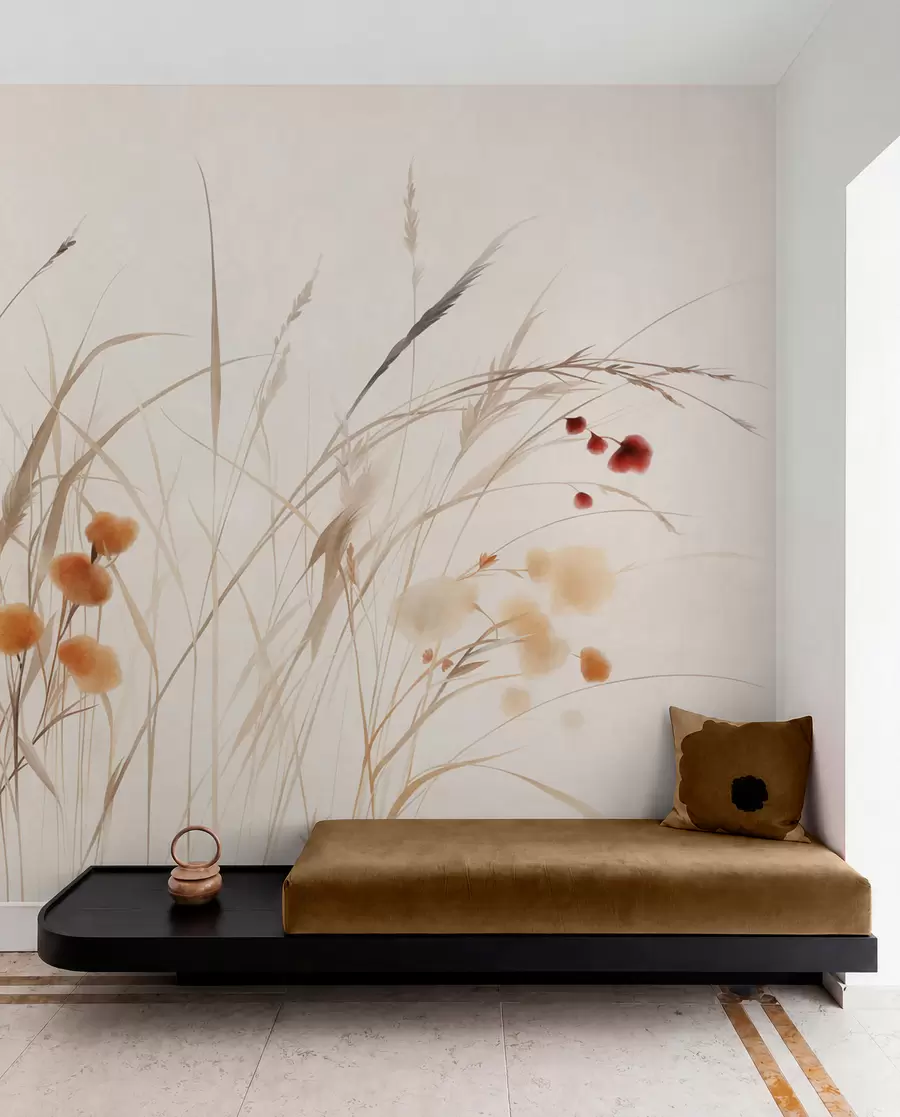 wall murals Високе траве и мало наранџасто дивље цвеће на бледој позадини, текстурирани бохо стил w09902