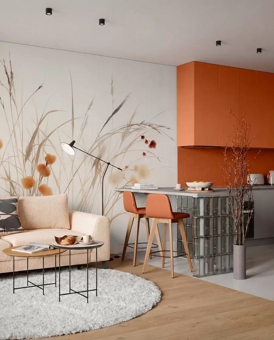 wall murals Високе траве и мало наранџасто дивље цвеће на бледој позадини, текстурирани бохо стил w09902