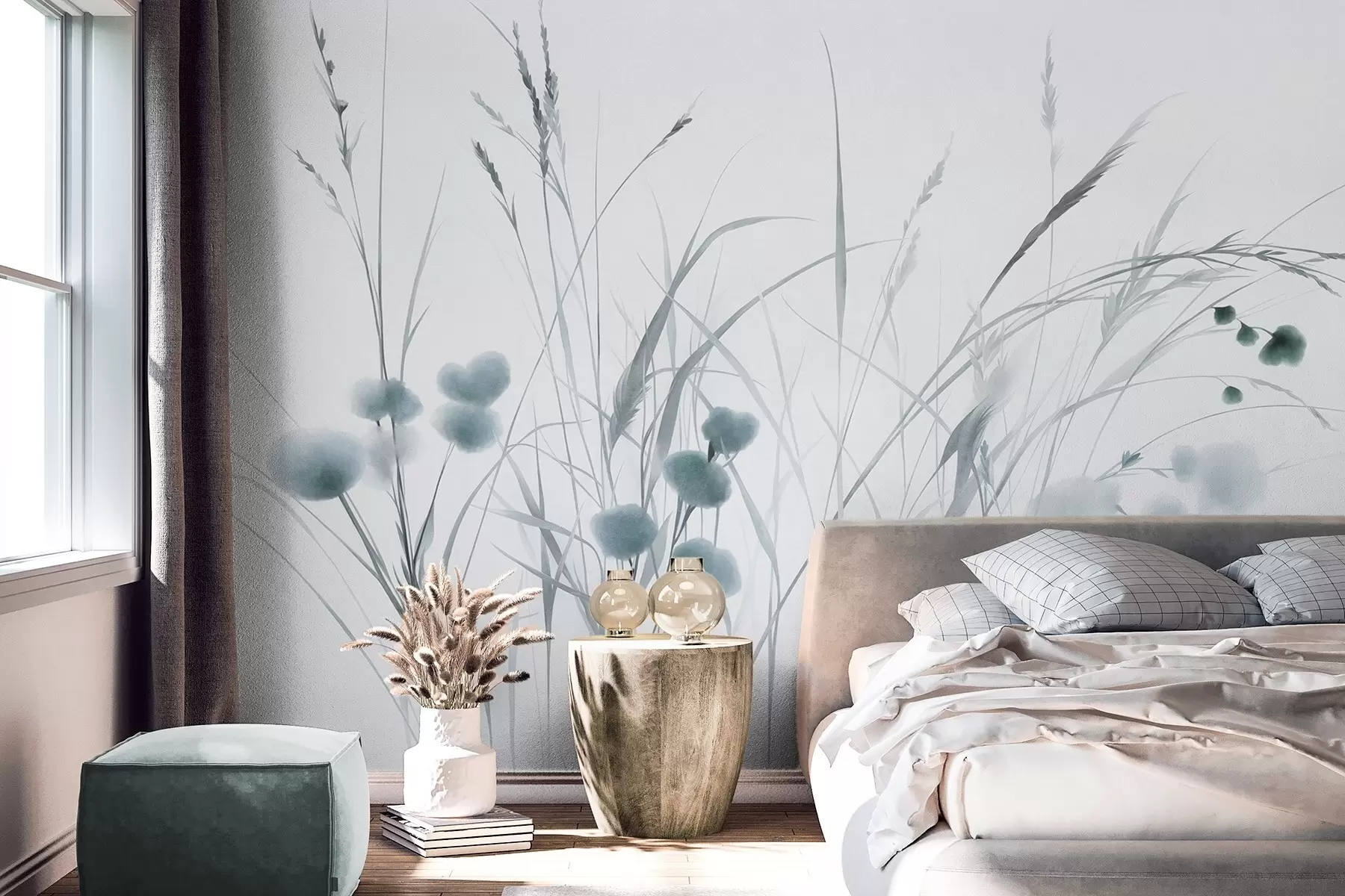 wall murals Високе траве и мало плаво дивље цвеће на бледој позадини, текстурирани бохо стил w09902v1