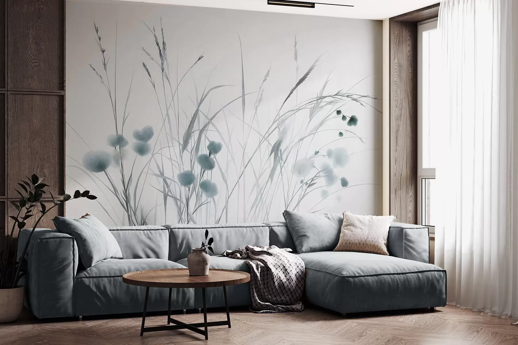 wall murals Високе траве и мало плаво дивље цвеће на бледој позадини, текстурирани бохо стил w09902v1