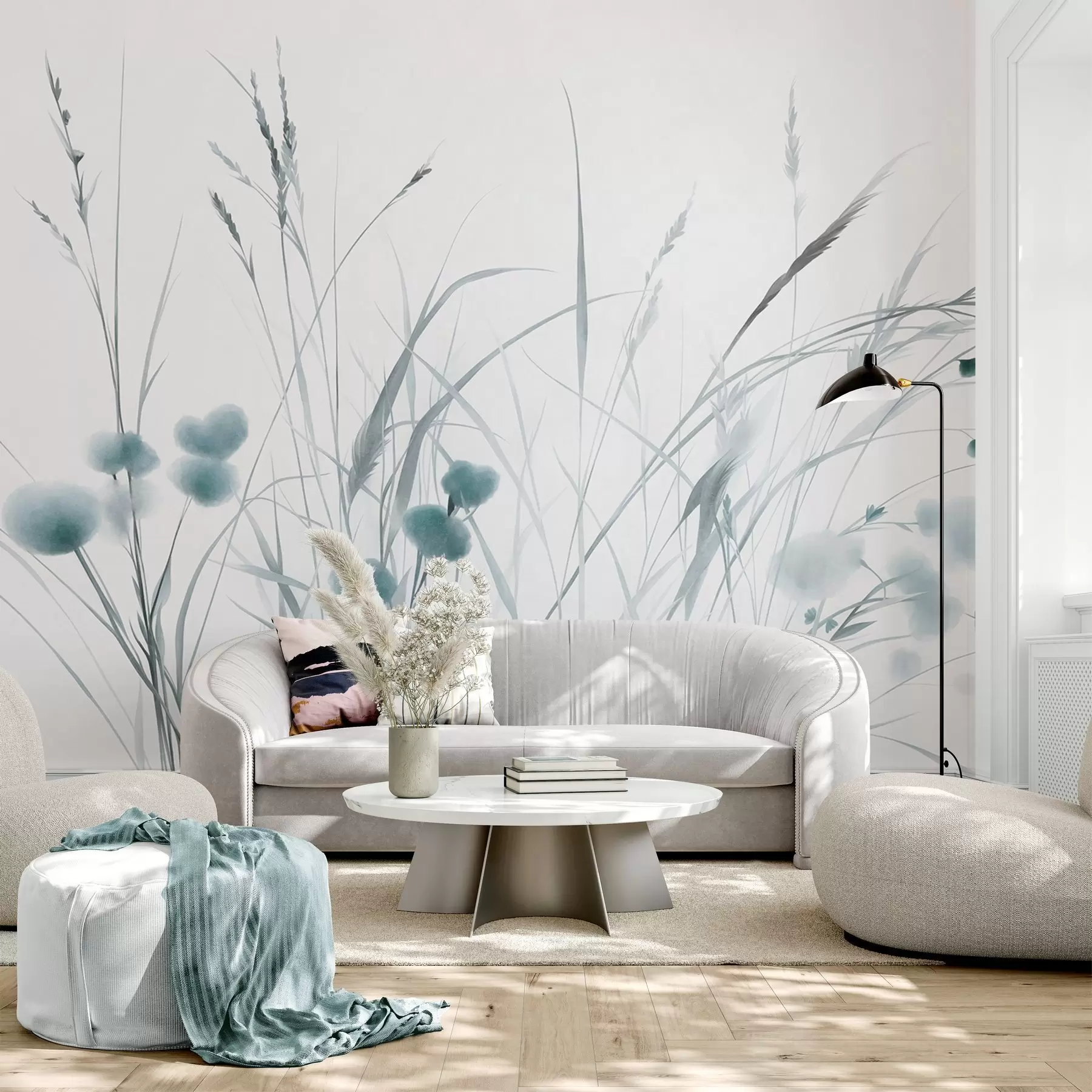 wall murals Високе траве и мало плаво дивље цвеће на бледој позадини, текстурирани бохо стил w09902v1