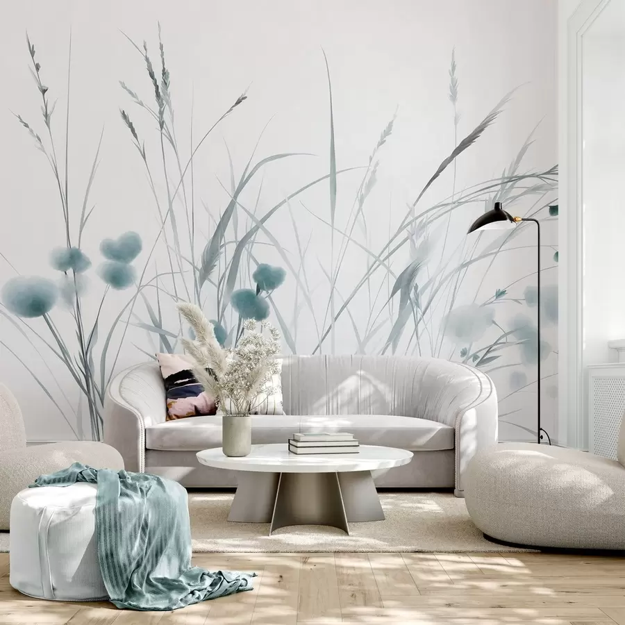 wall murals Високе траве и мало плаво дивље цвеће на бледој позадини, текстурирани бохо стил w09902v1