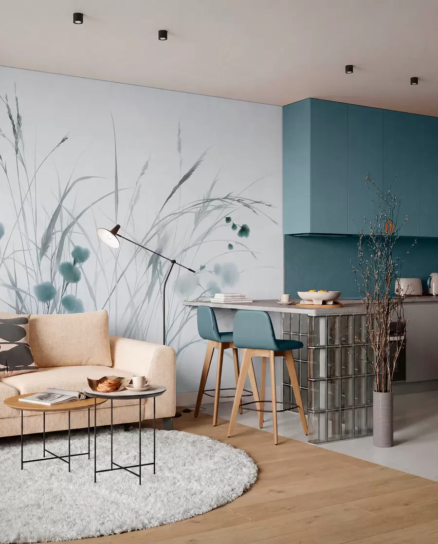 wall murals Високе траве и мало плаво дивље цвеће на бледој позадини, текстурирани бохо стил w09902v1