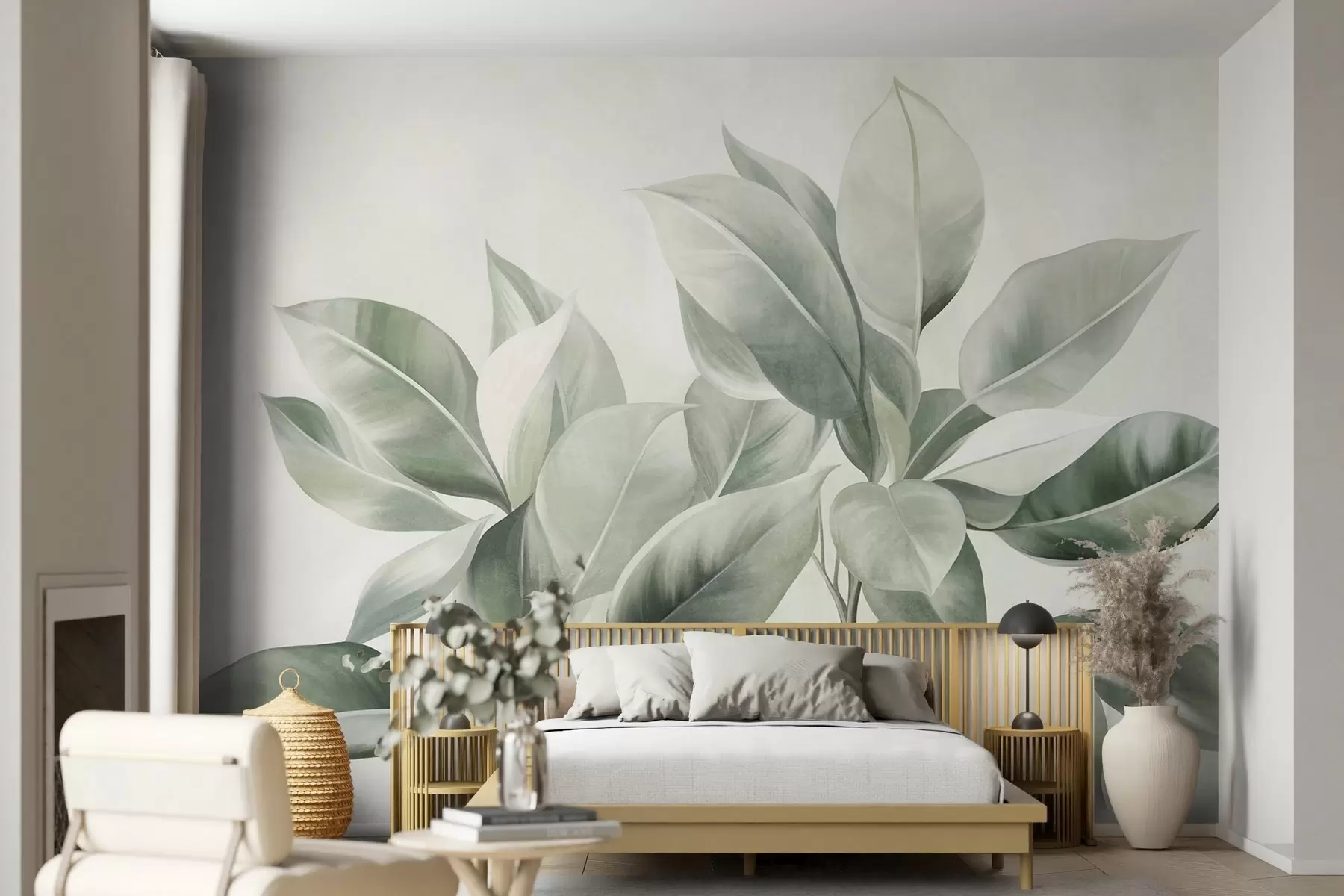 wall murals Светлозелено лишће на бледој, мекој позадини, текстурирани бохо стил w09909