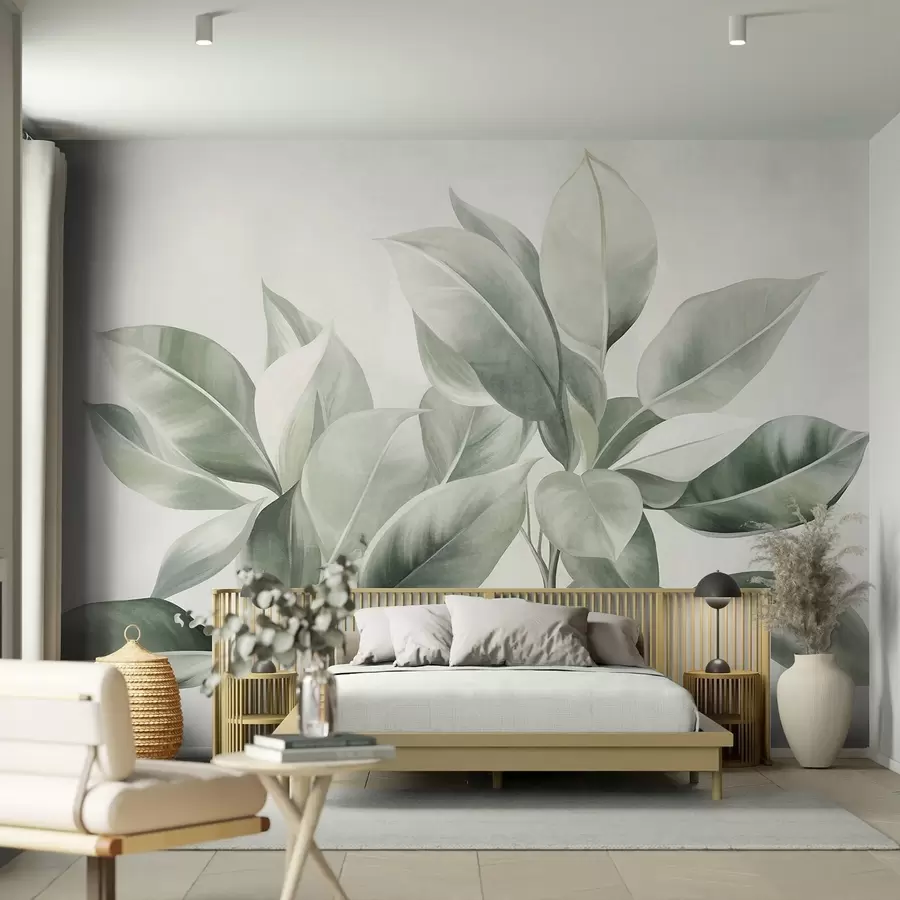 wall murals Светлозелено лишће на бледој, мекој позадини, текстурирани бохо стил w09909