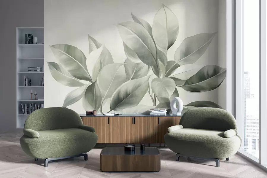 wall murals Светлозелено лишће на бледој, мекој позадини, текстурирани бохо стил w09909