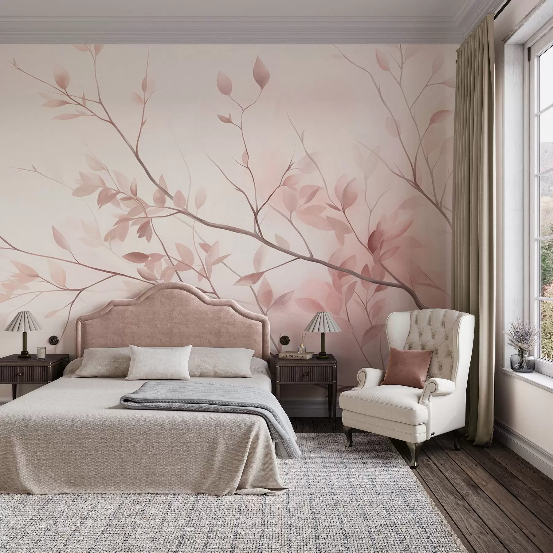 wall murals Нежне гране са меким ружичастим листовима на бледој позадини, акварел стил w09910