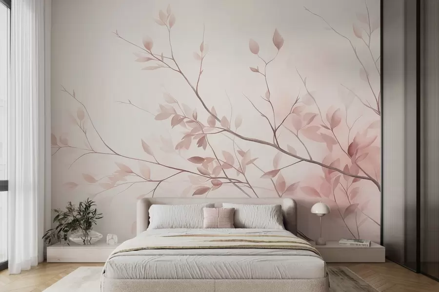 wall murals Нежне гране са меким ружичастим листовима на бледој позадини, акварел стил w09910