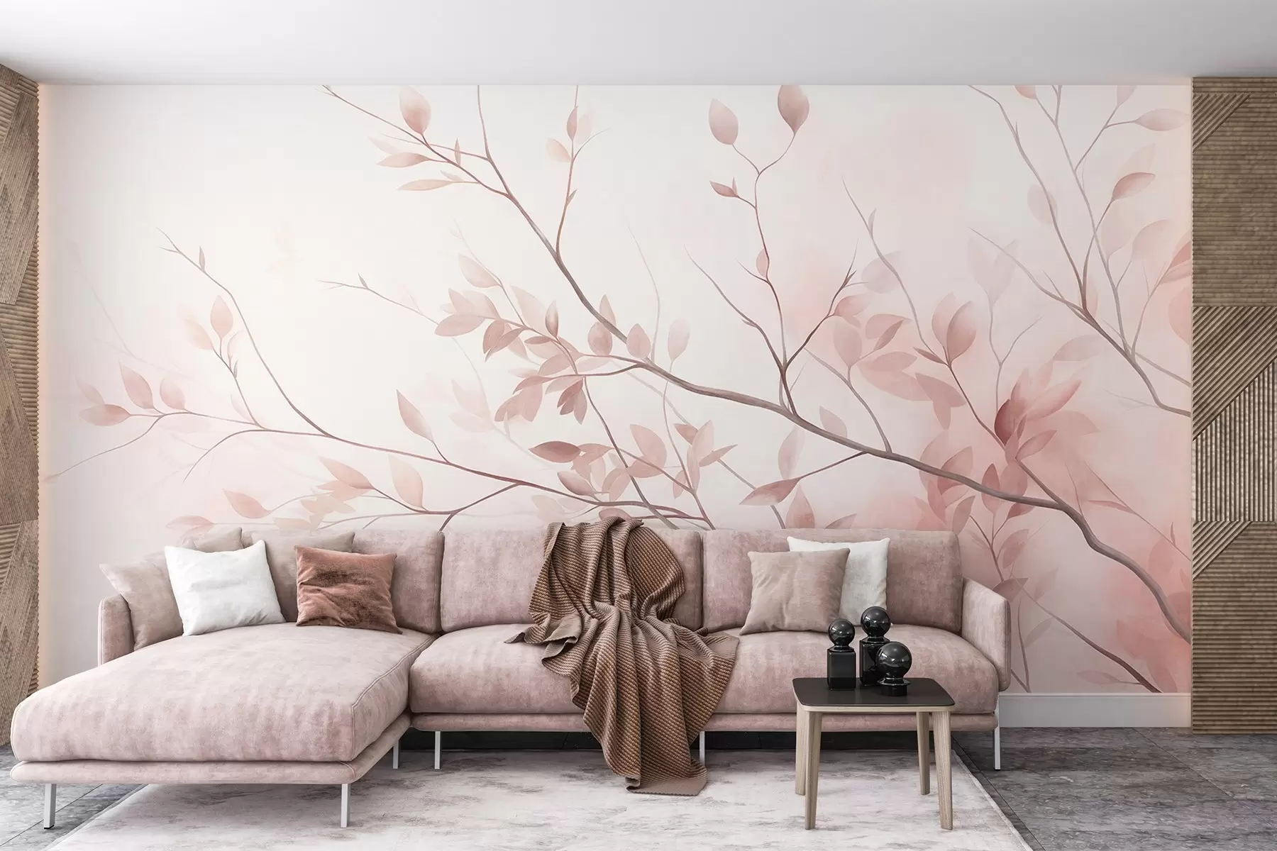 wall murals Нежне гране са меким ружичастим листовима на бледој позадини, акварел стил w09910