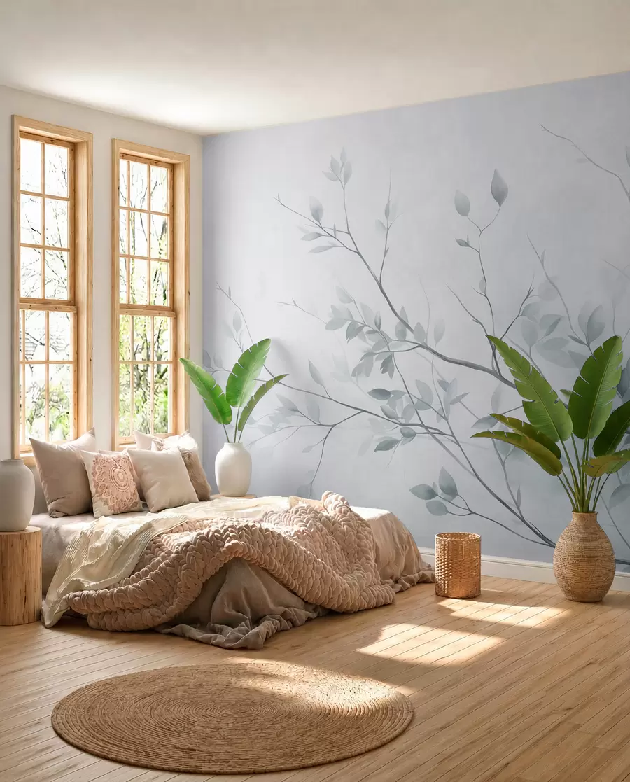wall murals Нежне гране са меким ружичастим листовима на бледој позадини, акварел стил w09910v1