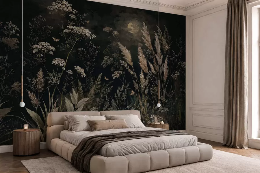 wall murals Месечином обасјана ливада са дивљим травама и цвећем w05701