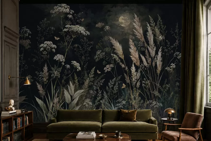 wall murals Месечином обасјана ливада са дивљим травама и цвећем w05701