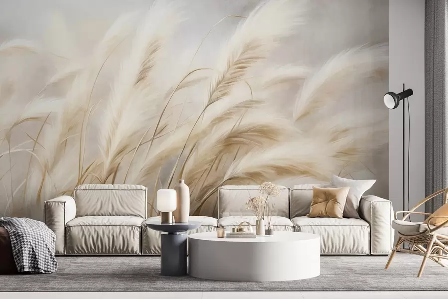 wall murals Висока пампас трава се нежно њише на ветру на мекој, пригушеној позадини, текстурирана уметност w09825