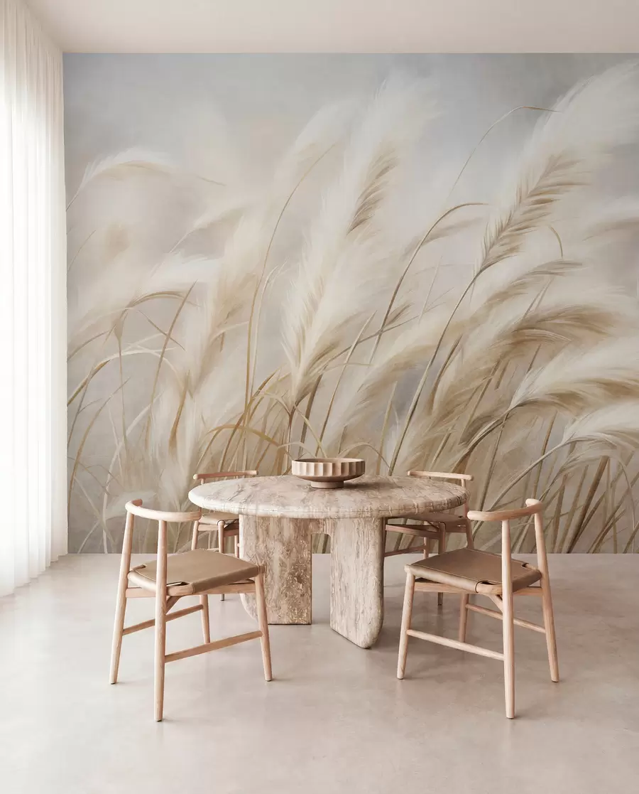 wall murals Висока пампас трава се нежно њише на ветру на мекој, пригушеној позадини, текстурирана уметност w09825