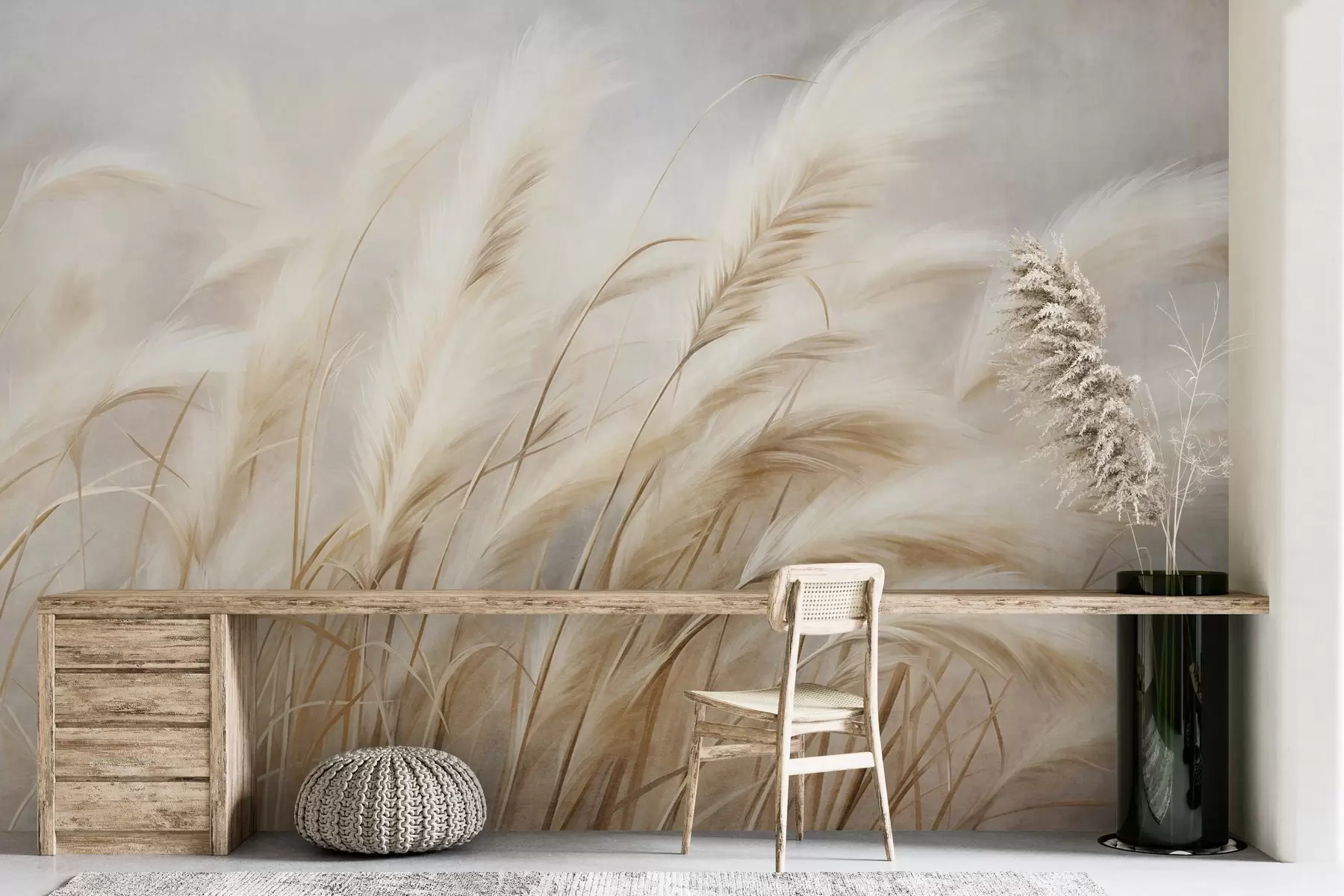 wall murals Висока пампас трава се нежно њише на ветру на мекој, пригушеној позадини, текстурирана уметност w09825