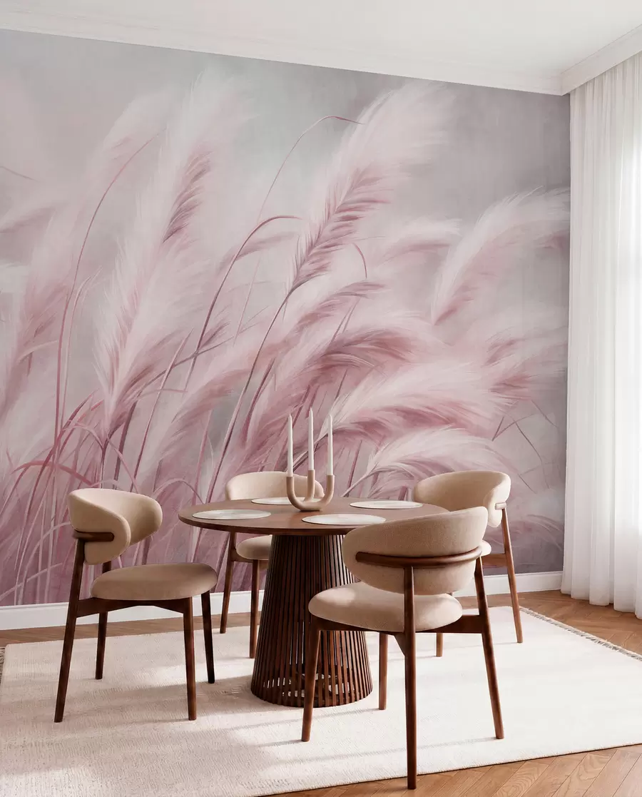 wall murals Висока пампас трава се нежно њише на ветру на мекој, пригушеној позадини, текстурирана уметност w09825v1