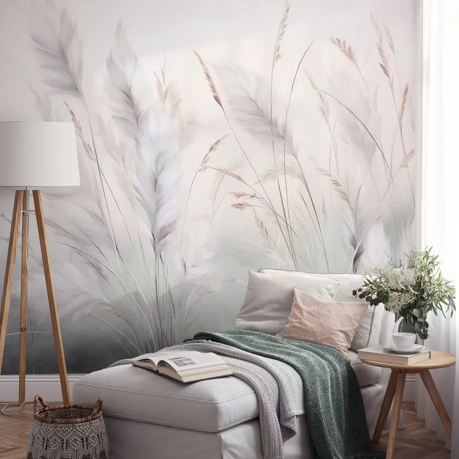 wall murals Висока, перната трава се нежно њише на мекој, пригушеној позадини, нежна природна уметност w09831