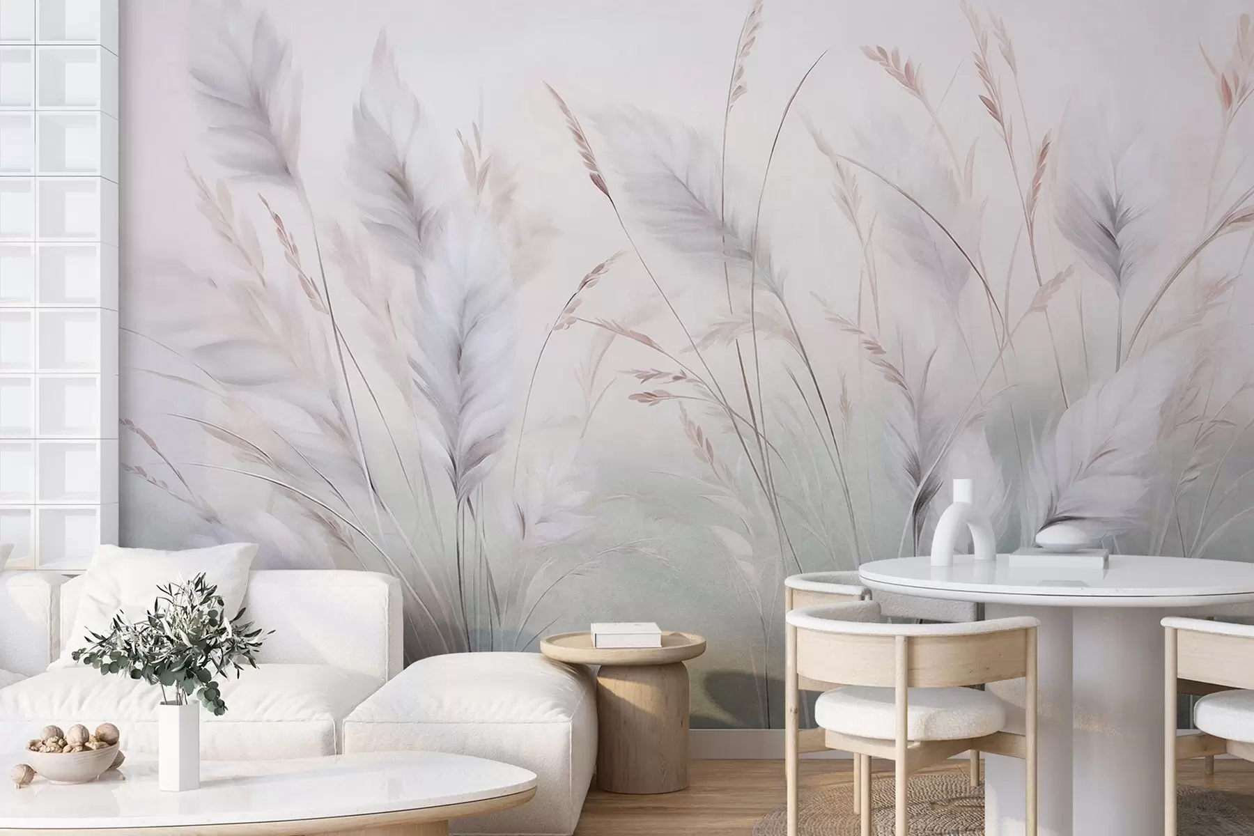 wall murals Висока, перната трава се нежно њише на мекој, пригушеној позадини, нежна природна уметност w09831