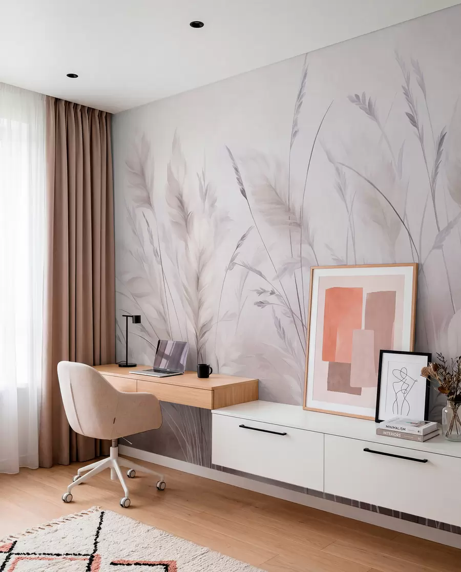 wall murals Висока, перната трава се нежно њише на мекој, пригушеној позадини, нежна природна уметност w09831v1