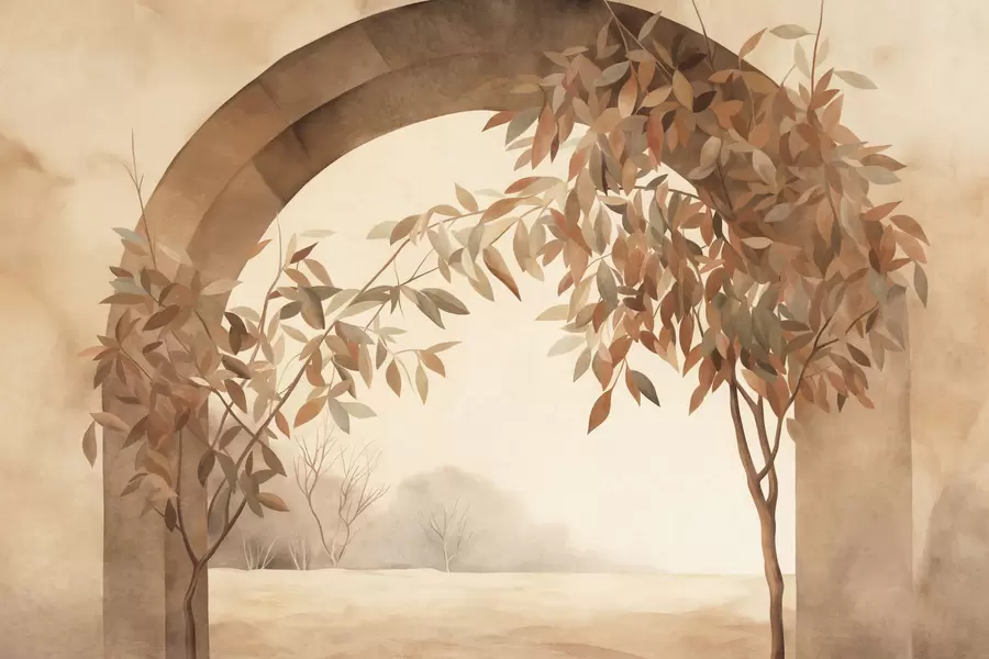 wall murals Лук са пејзажом, дрвећем и лишћем у пригушеним јесењим бојама, текстурирана уметност w09907