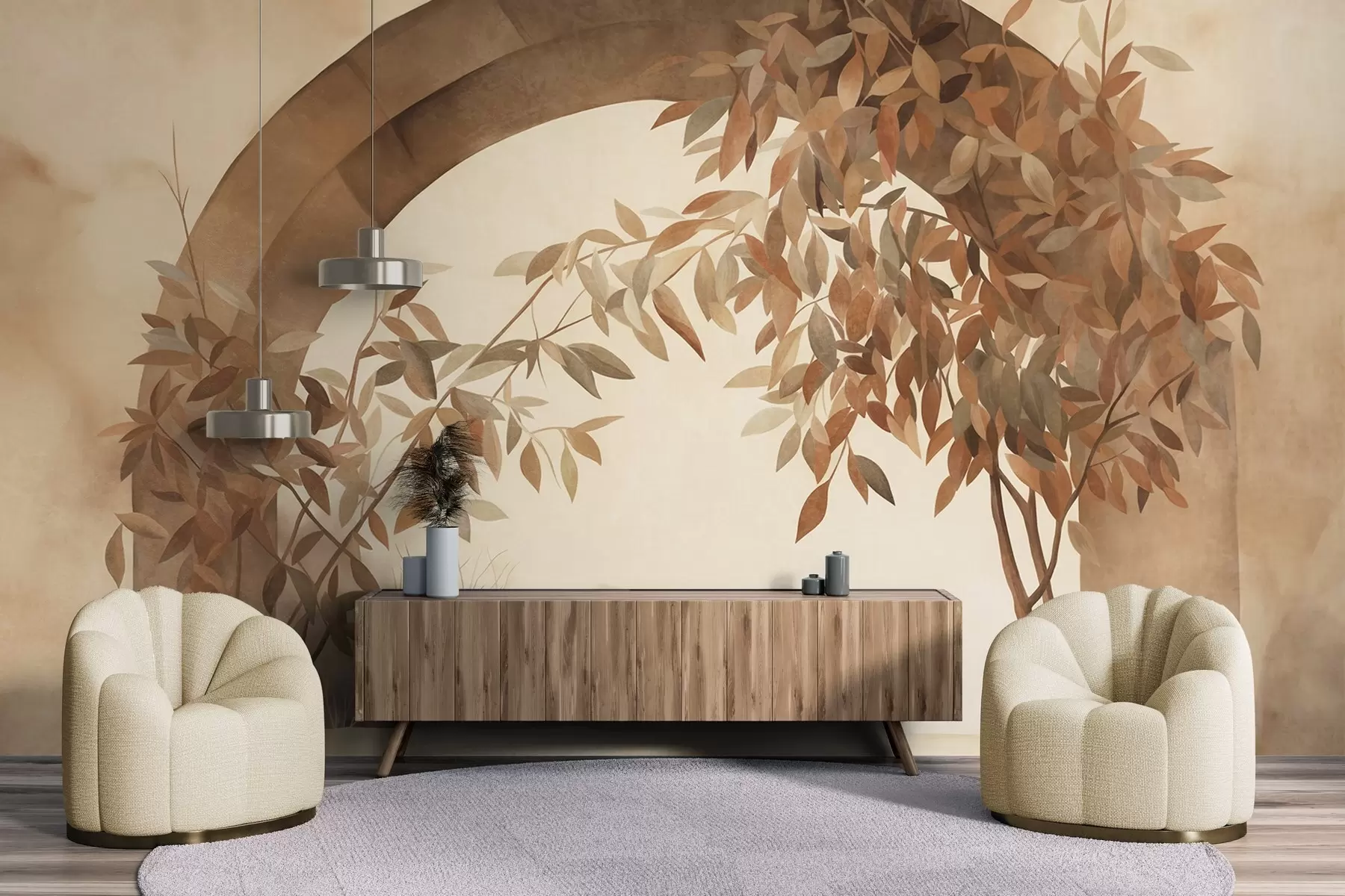 wall murals Лук са пејзажом, дрвећем и лишћем у пригушеним јесењим бојама, текстурирана уметност w09907