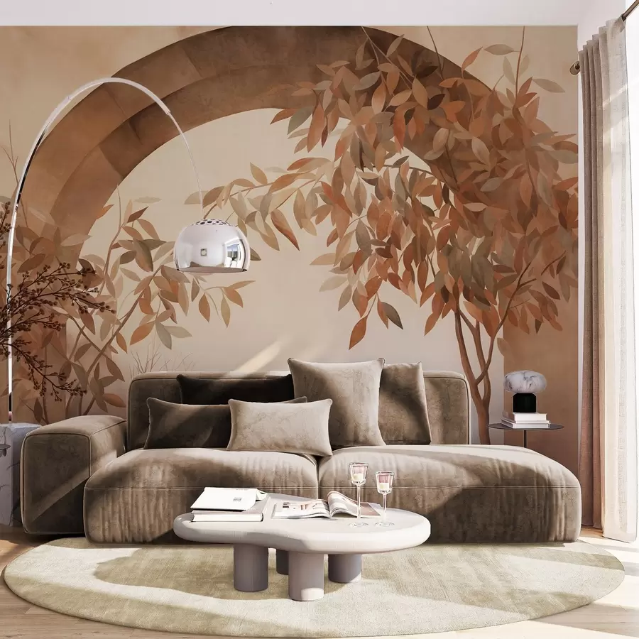 wall murals Лук са пејзажом, дрвећем и лишћем у пригушеним јесењим бојама, текстурирана уметност w09907