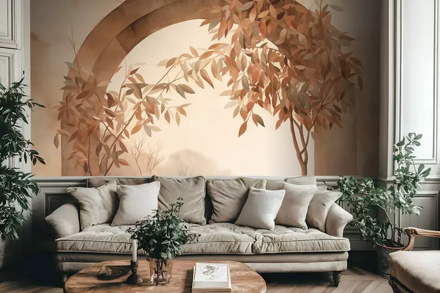 wall murals Лук са пејзажом, дрвећем и лишћем у пригушеним јесењим бојама, текстурирана уметност w09907