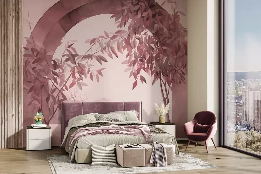 wall murals Лук са пејзажом, дрвећем и лишћем у пригушеним ружичастим и сивим бојама, текстурирана уметност w09907v1