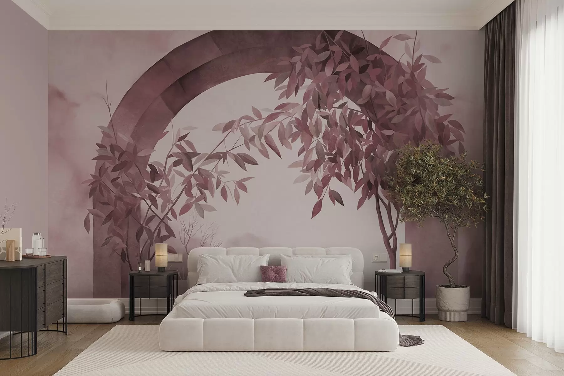 wall murals Лук са пејзажом, дрвећем и лишћем у пригушеним ружичастим и сивим бојама, текстурирана уметност w09907v1