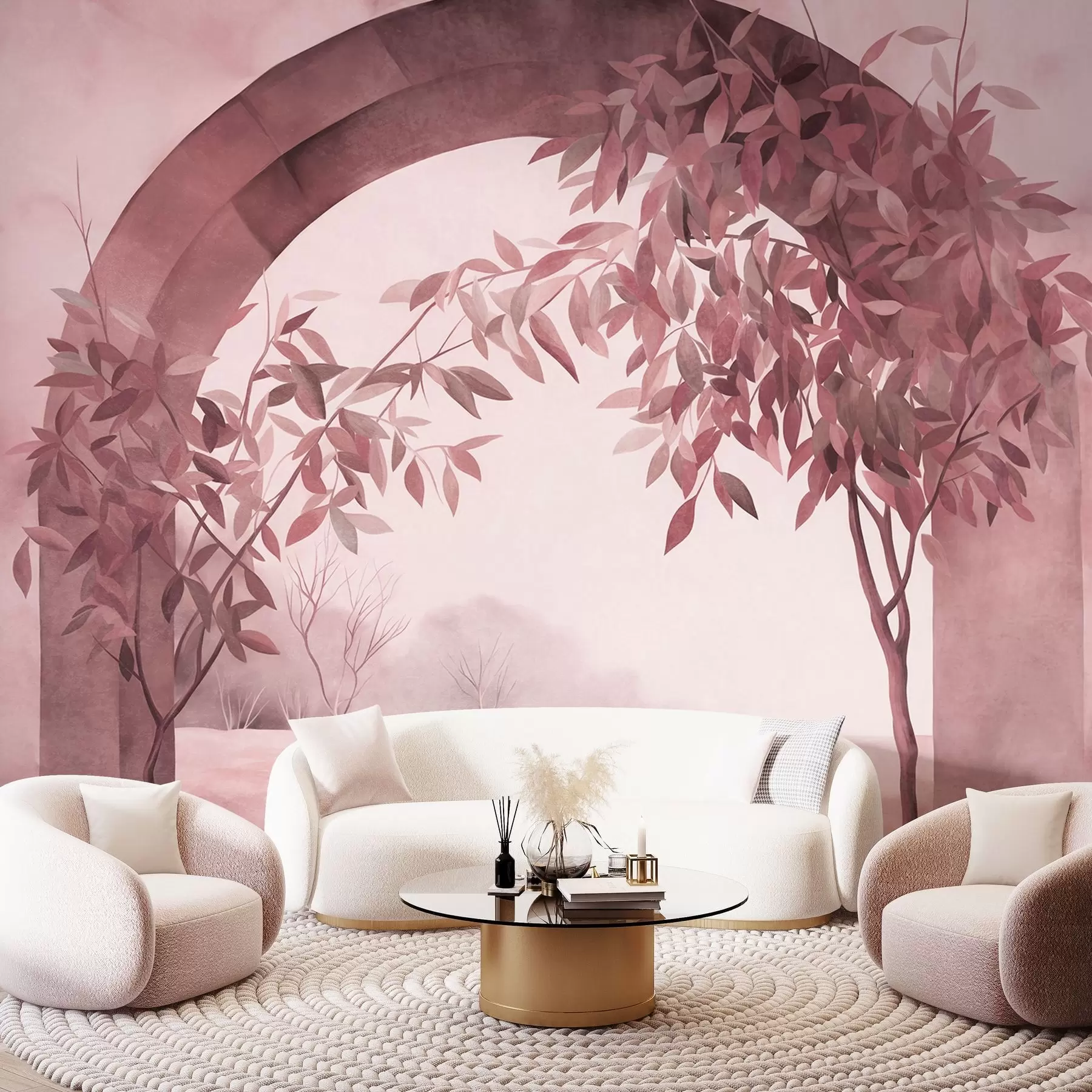 wall murals Лук са пејзажом, дрвећем и лишћем у пригушеним ружичастим и сивим бојама, текстурирана уметност w09907v1