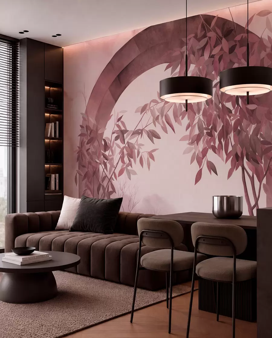 wall murals Лук са пејзажом, дрвећем и лишћем у пригушеним ружичастим и сивим бојама, текстурирана уметност w09907v1