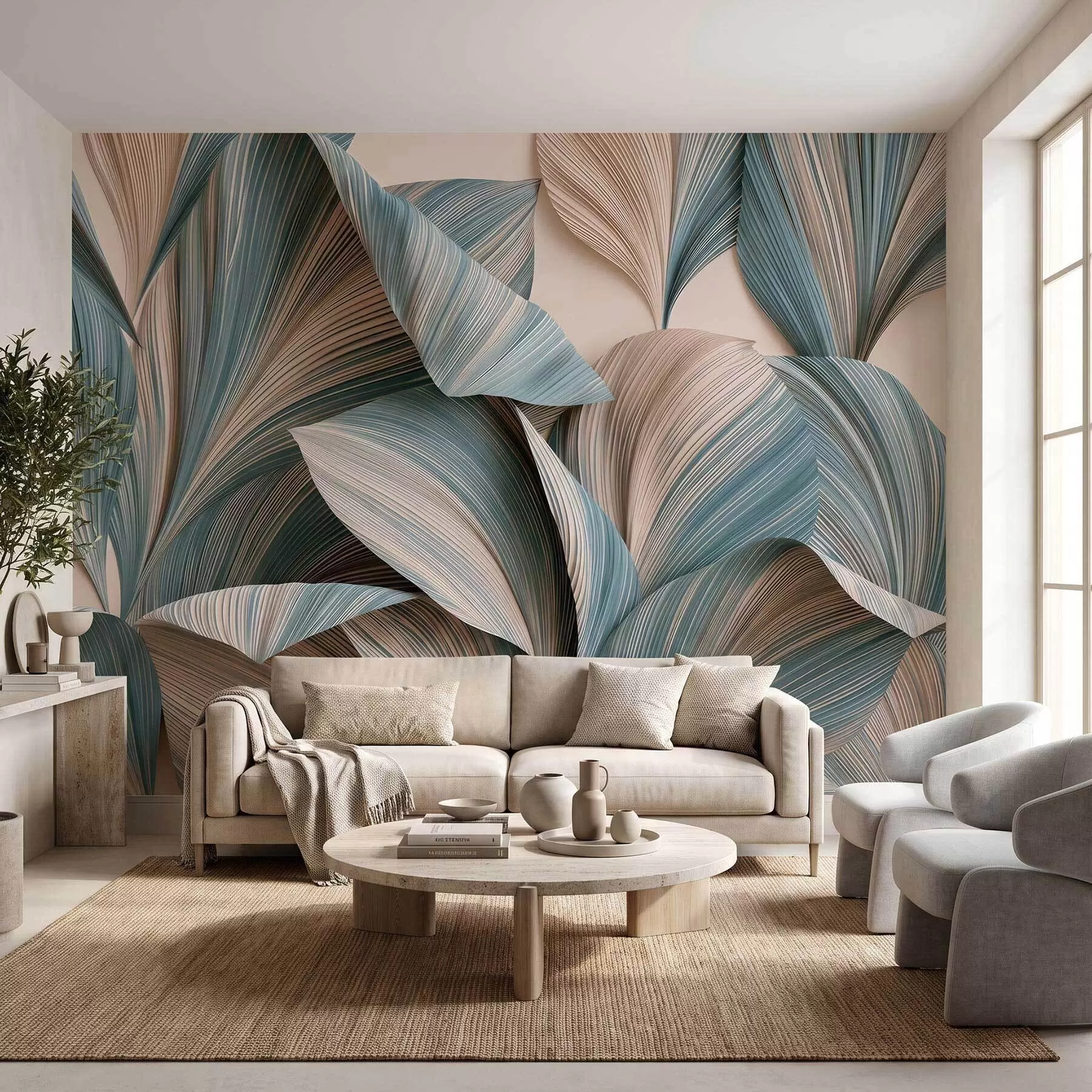 wall murals Волуметријско тропско лишће у мирним беж и плавим тоновима w09914