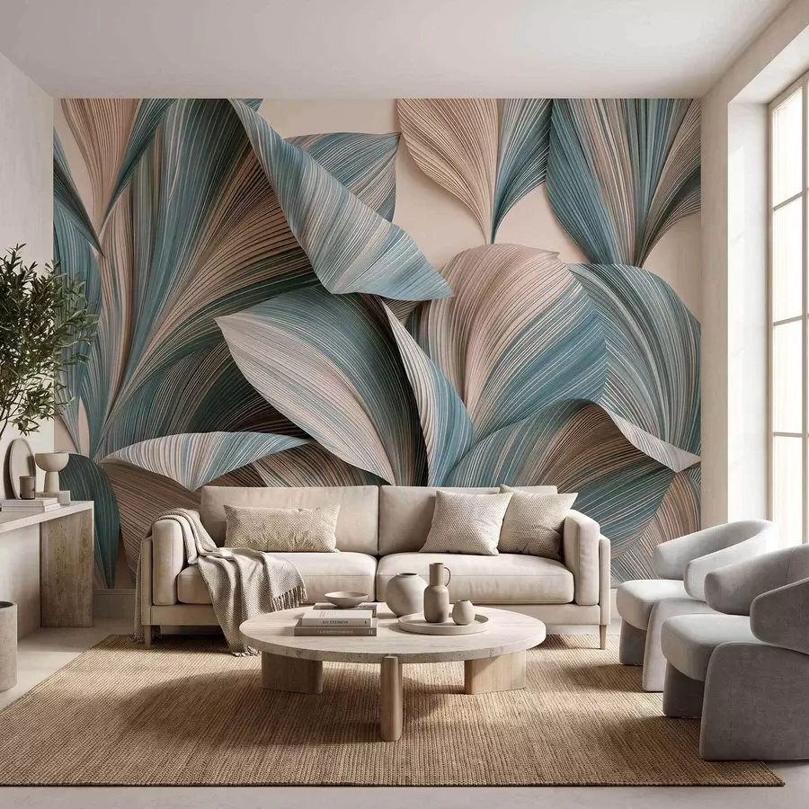 wall murals Волуметријско тропско лишће у мирним беж и плавим тоновима w09914