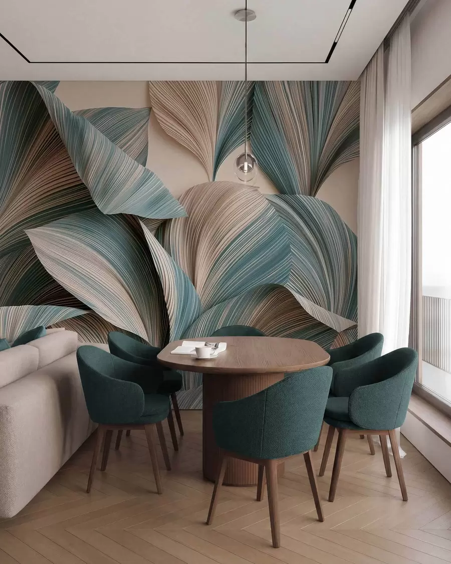 wall murals Волуметријско тропско лишће у мирним беж и плавим тоновима w09914