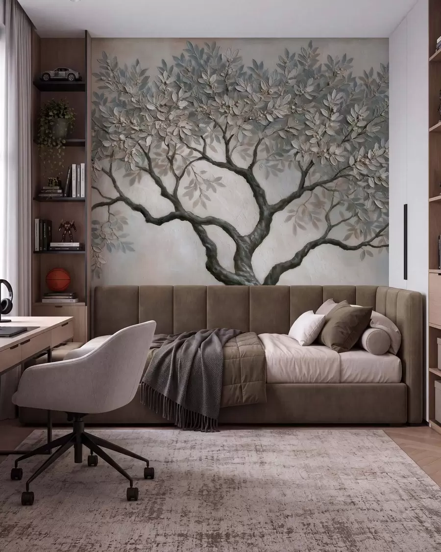 wall murals Дрво у стилу уљаног сликарства у мирним природним сиво-беж тоновима w09919