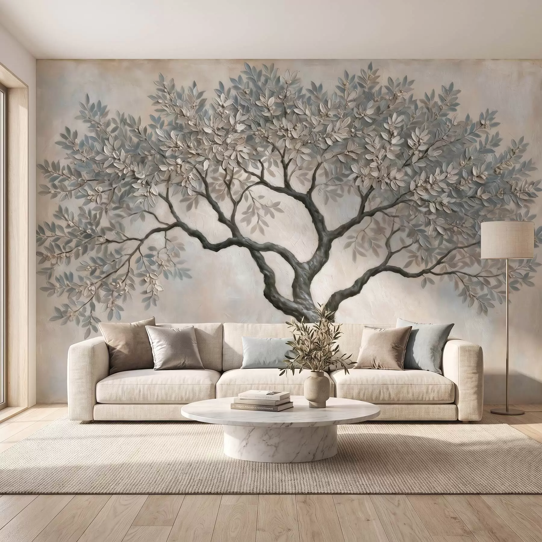 wall murals Дрво у стилу уљаног сликарства у мирним природним сиво-беж тоновима w09919