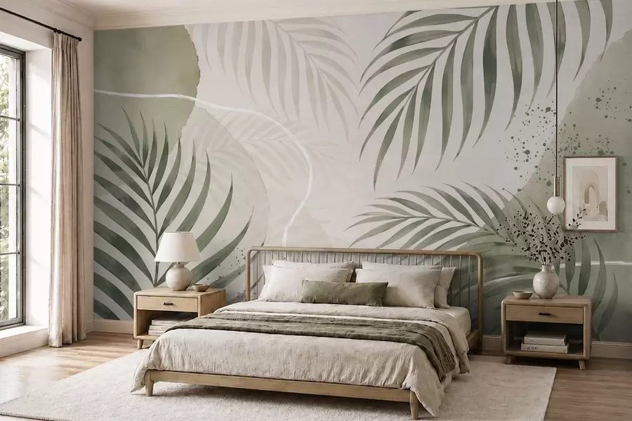 wall murals Стилизовано лишће на мекој неутралној позадини w05728