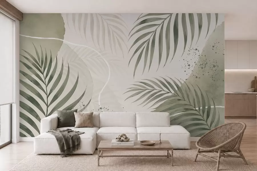 wall murals Стилизовано лишће на мекој неутралној позадини w05728