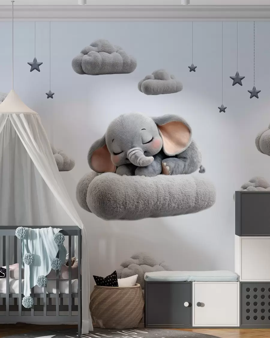 wall murals слатки мали слон у 3Д стилу, спава међу пахуљастим облацима w05754