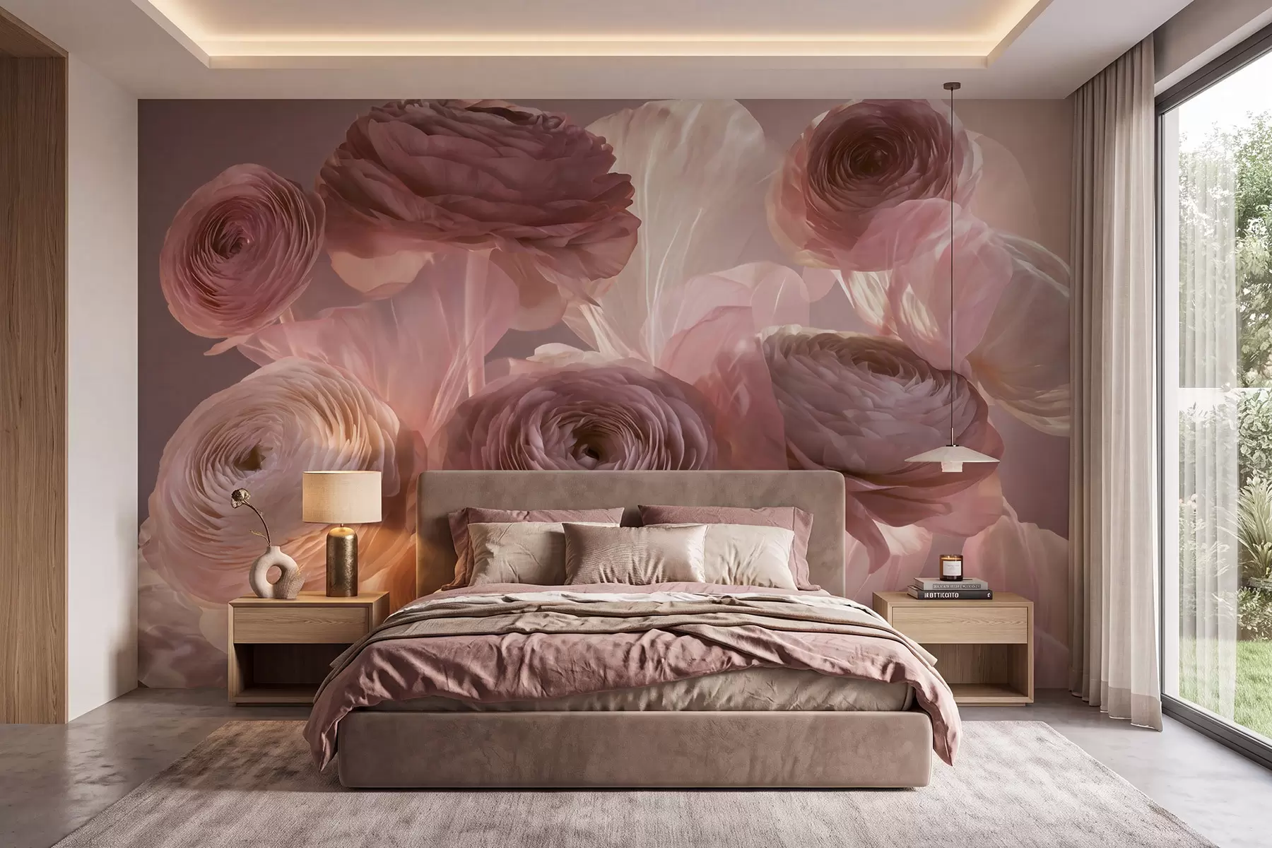 wall murals Велики уметнички цветови ранункулуса у нежним ружичастим и кремастим тоновима w09921