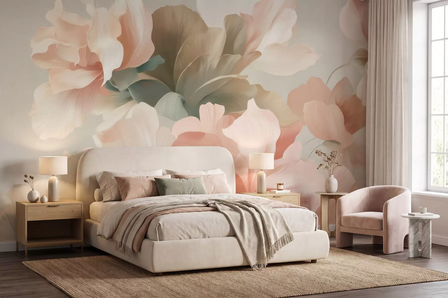 wall murals Велико уметничко цвеће у меким пастелним нијансама кремасте, ружичасте и зелене w09935