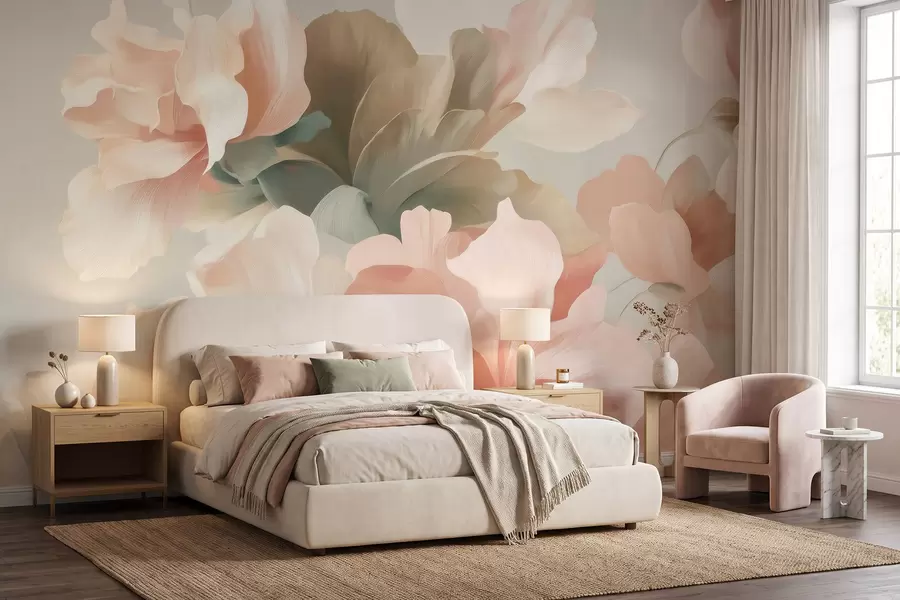 wall murals Велико уметничко цвеће у меким пастелним нијансама кремасте, ружичасте и зелене w09935