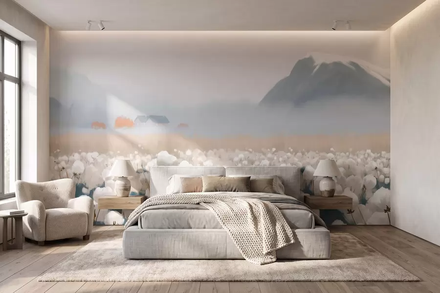 wall murals Памучно поље у магловитом северном пејзажу, сликарски стил w09934