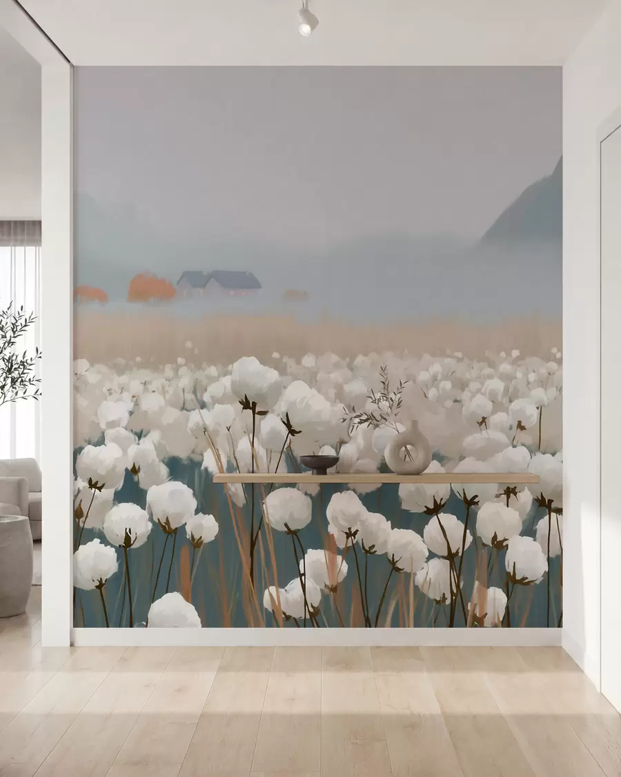 wall murals Памучно поље у магловитом северном пејзажу, сликарски стил w09934