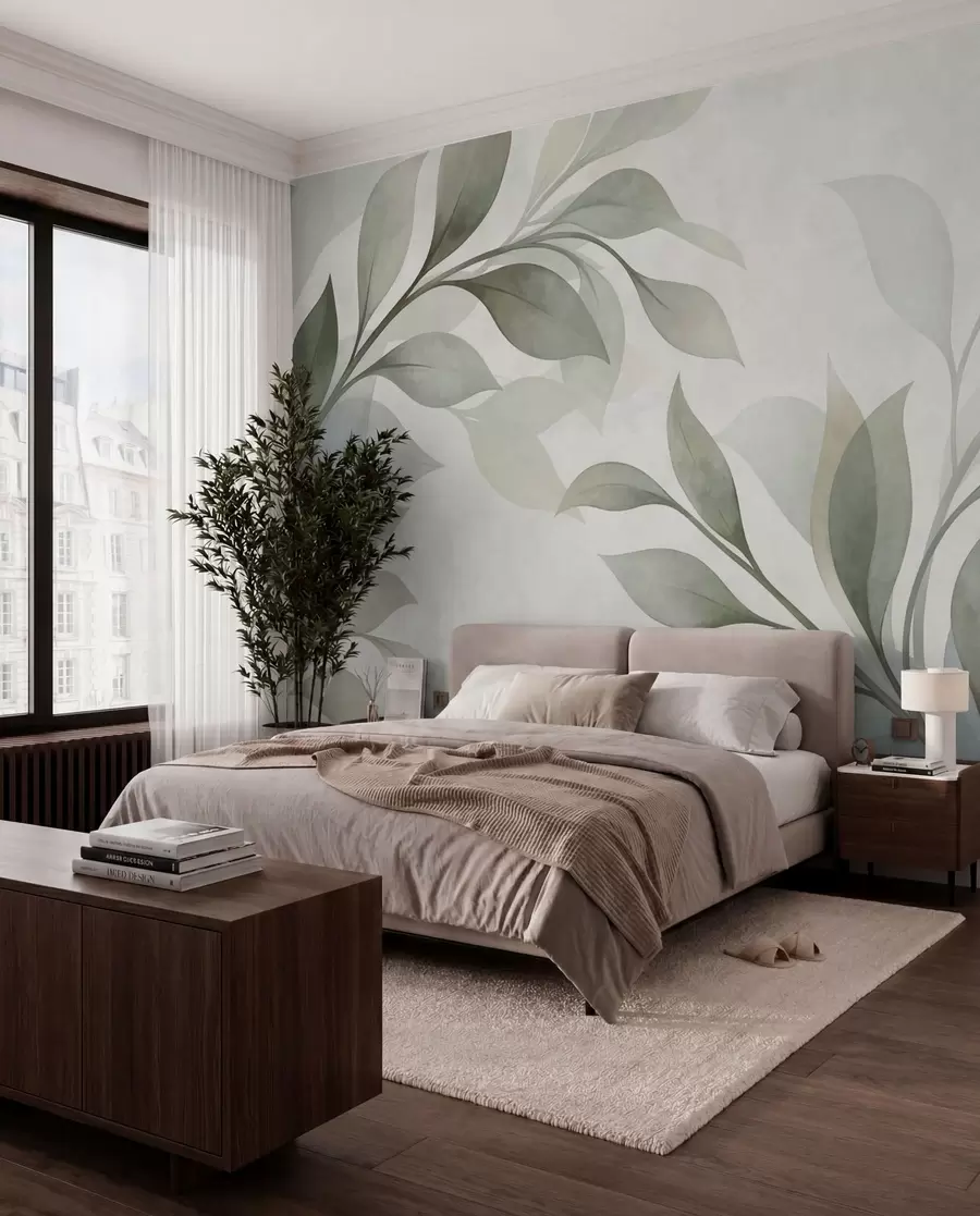 wall murals Велики листови у меким зеленим и плавим тоновима w05693