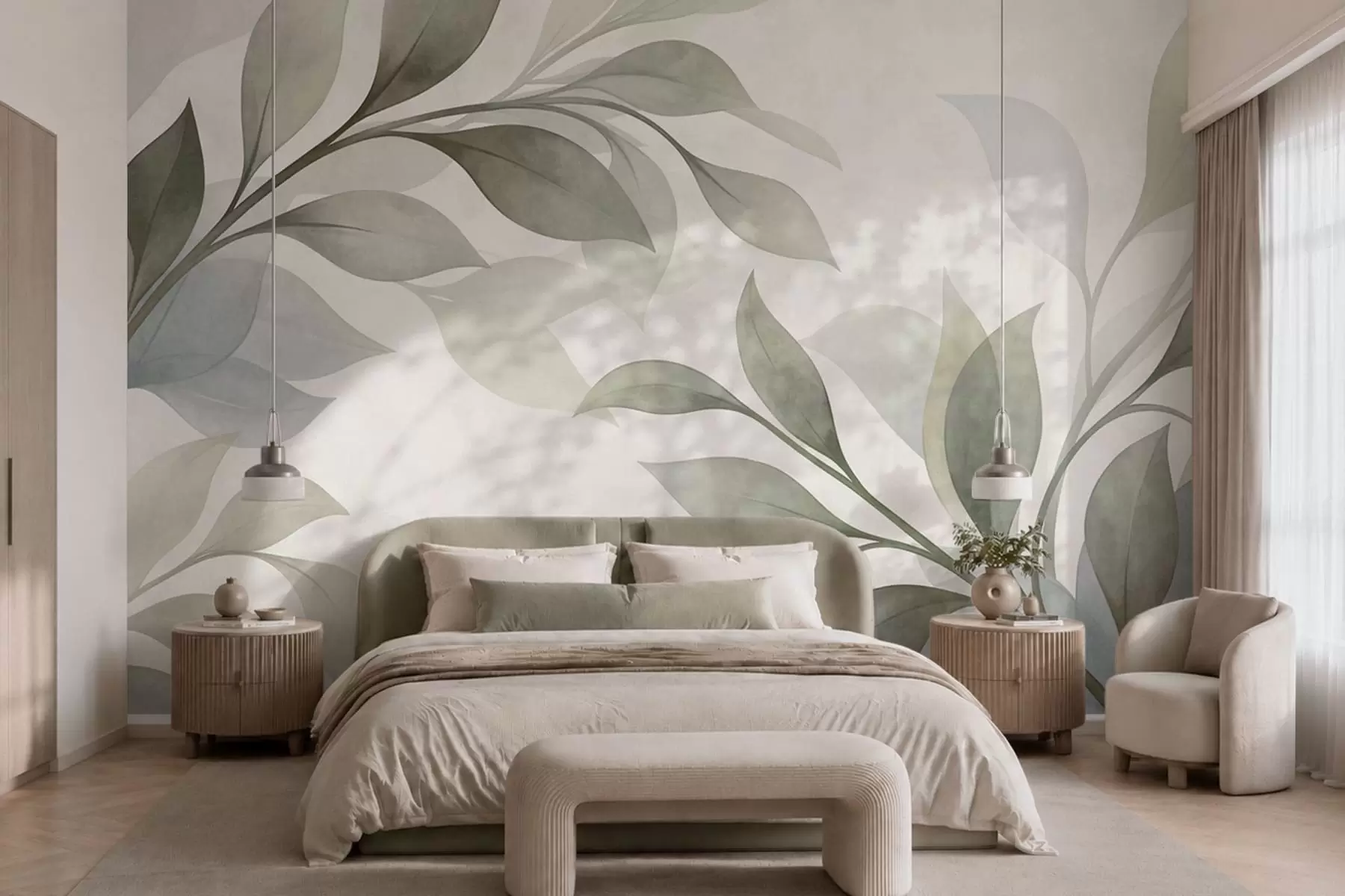 wall murals Велики листови у меким зеленим и плавим тоновима w05693
