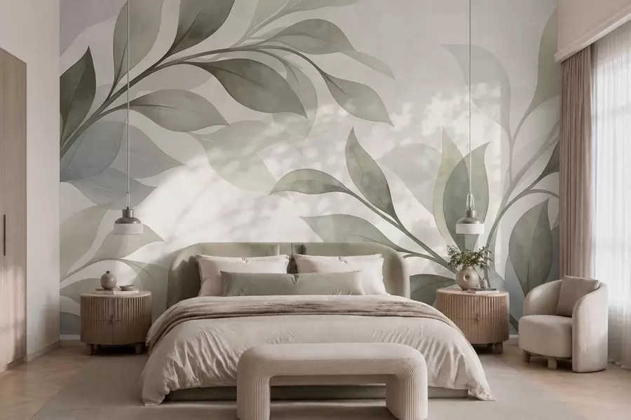 wall murals Велики листови у меким зеленим и плавим тоновима w05693