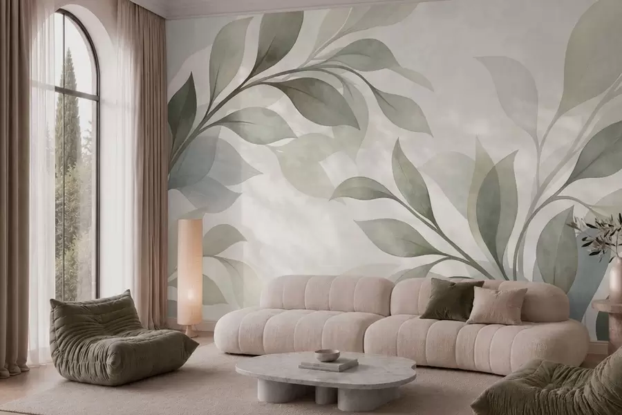 wall murals Велики листови у меким зеленим и плавим тоновима w05693