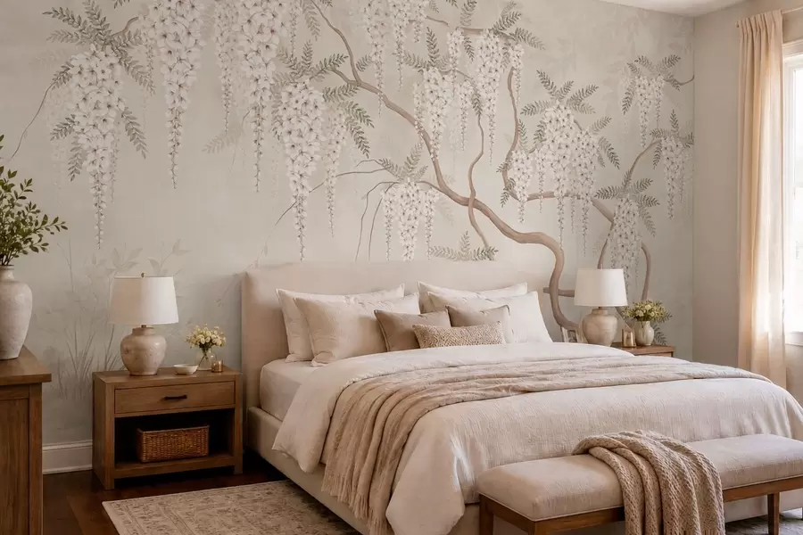 wall murals Бели каскадни цветови изнад мирне воде w05694