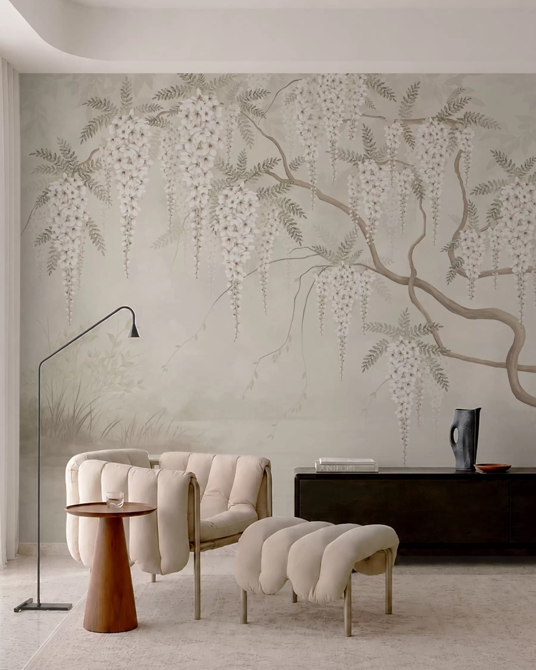 wall murals Бели каскадни цветови изнад мирне воде w05694